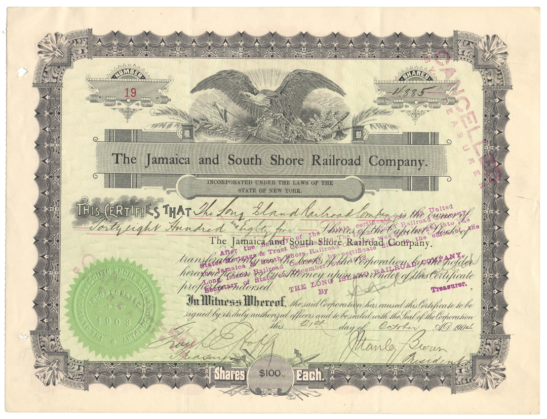 Jamaica and South Shore Railroad Company Stock Certificate