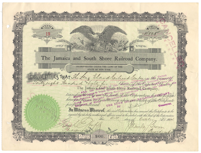 Jamaica and South Shore Railroad Company Stock Certificate