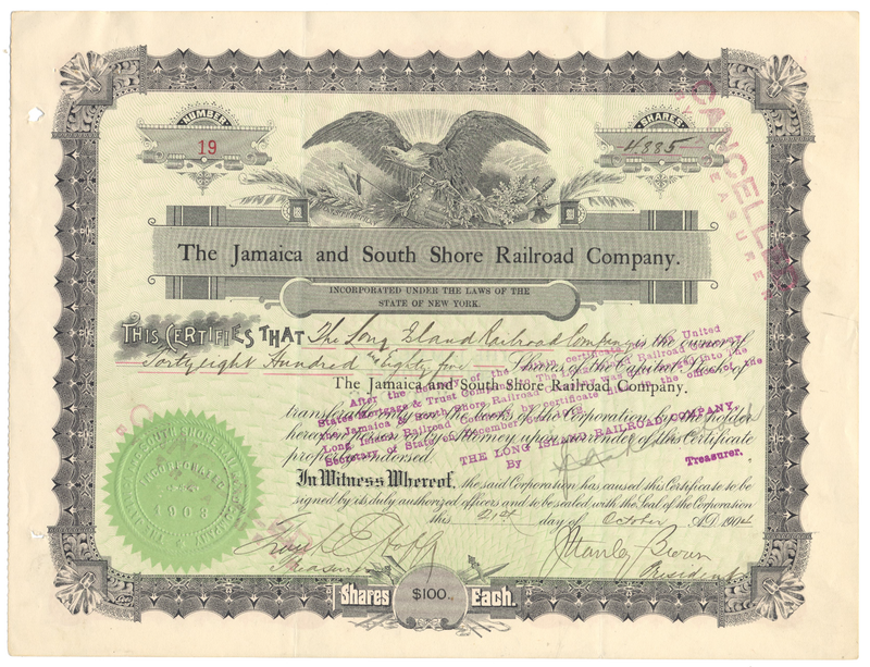 Jamaica and South Shore Railroad Company Stock Certificate