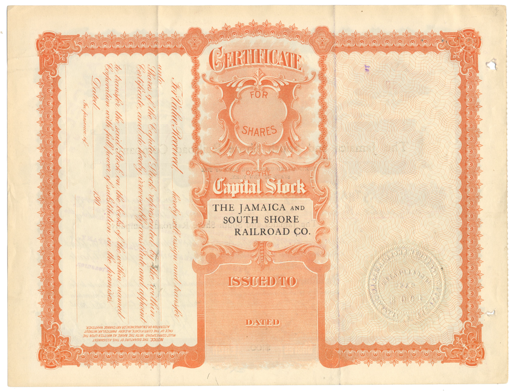 Jamaica and South Shore Railroad Company Stock Certificate