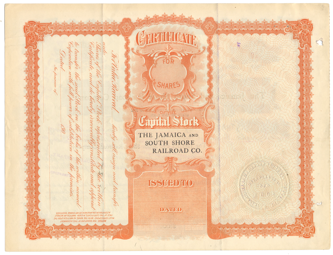 Jamaica and South Shore Railroad Company Stock Certificate