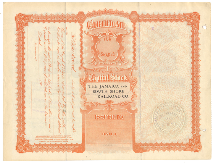 Jamaica and South Shore Railroad Company Stock Certificate