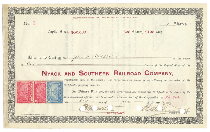 Nyack and Southern Railroad Company Stock Certificate