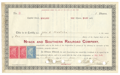 Nyack and Southern Railroad Company Stock Certificate