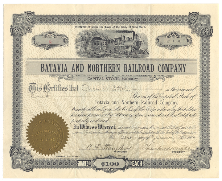 Batavia and Northern Railroad Company Stock Certificate