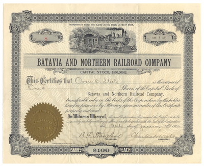 Batavia and Northern Railroad Company Stock Certificate