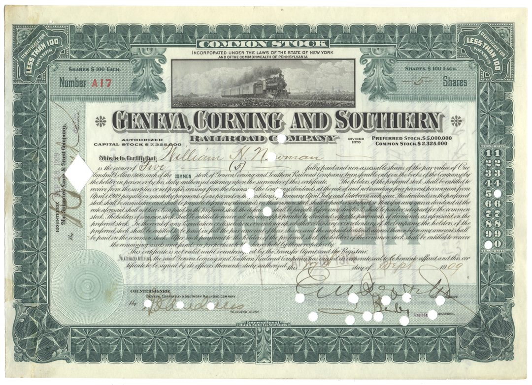 Geneva, Corning and Southern Railroad Company Stock Certificate