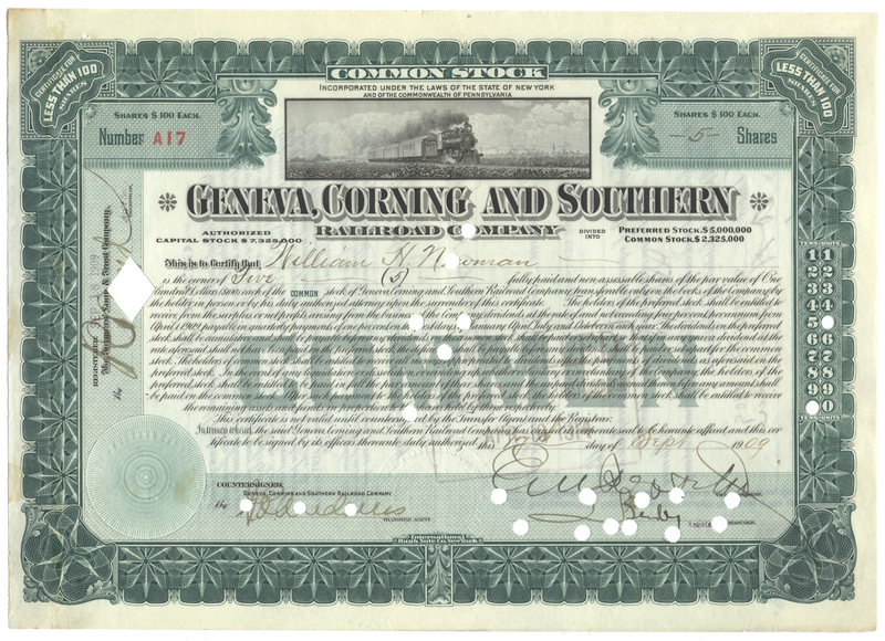 Geneva, Corning and Southern Railroad Company Stock Certificate