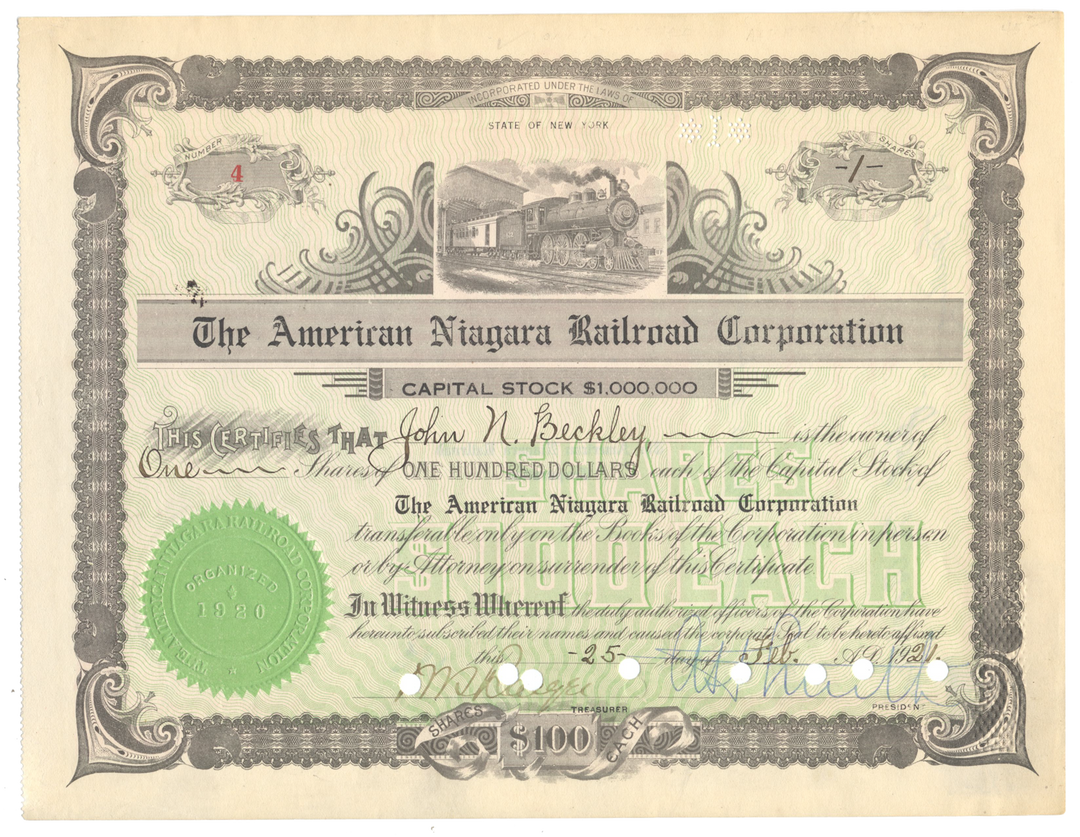 American Niagara Railroad Company Stock Certificate