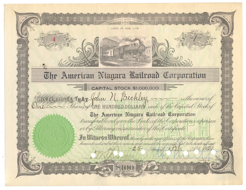 American Niagara Railroad Company Stock Certificate