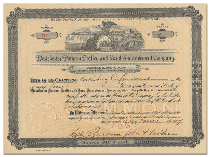 Westchester Putnam Trolley and Land Improvement Company Stock Certificate