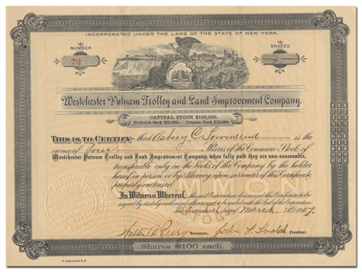 Westchester Putnam Trolley and Land Improvement Company Stock Certificate