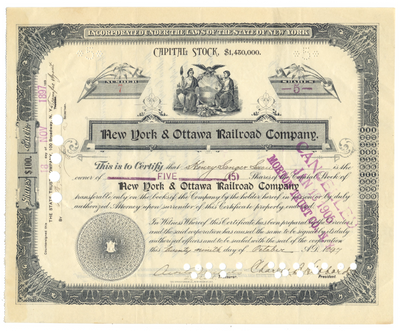 New York & Ottawa Railway Company Stock Certificate