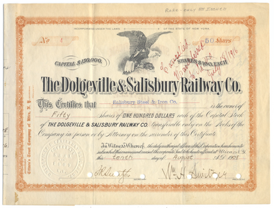 Dolgeville & Salisbury Railway Co. Stock Certificate