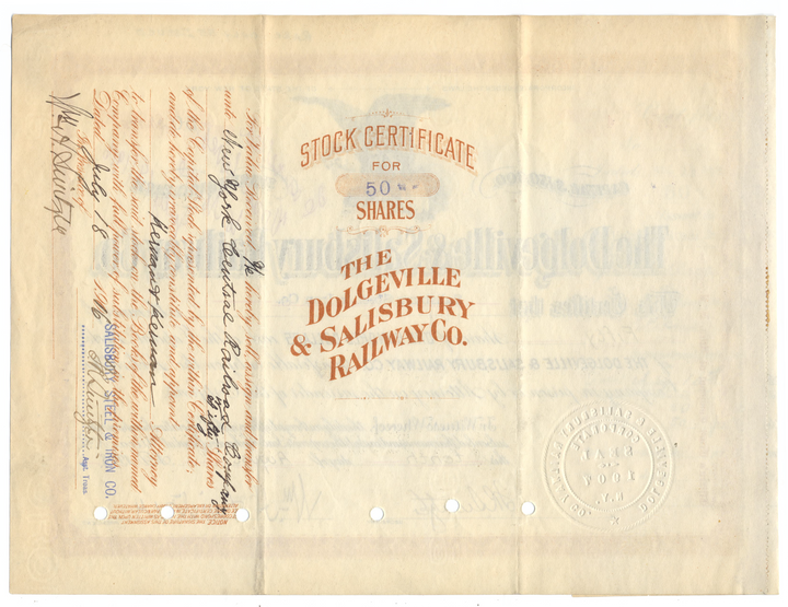 Dolgeville & Salisbury Railway Co. Stock Certificate