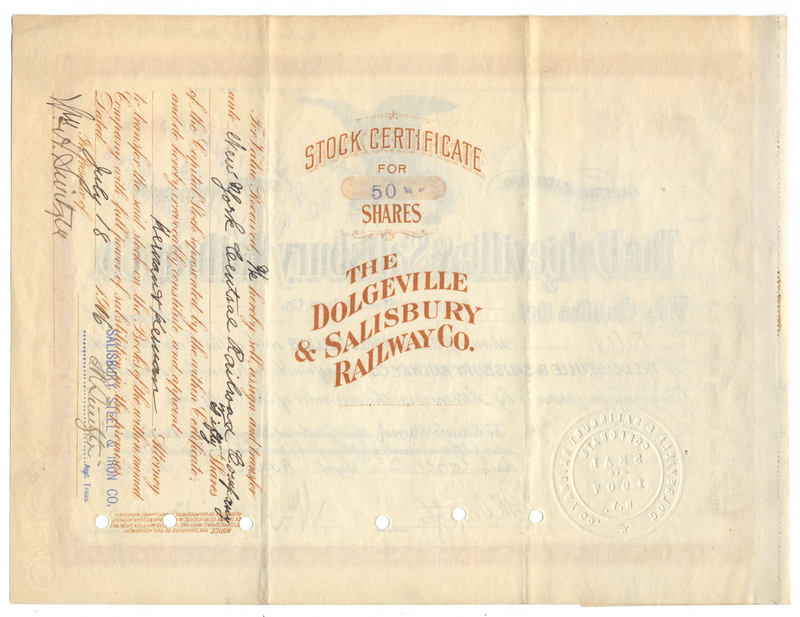 Dolgeville & Salisbury Railway Co. Stock Certificate