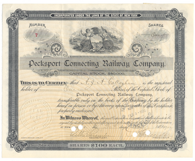 Pecksport Connecting Railway Company Stock Certificate