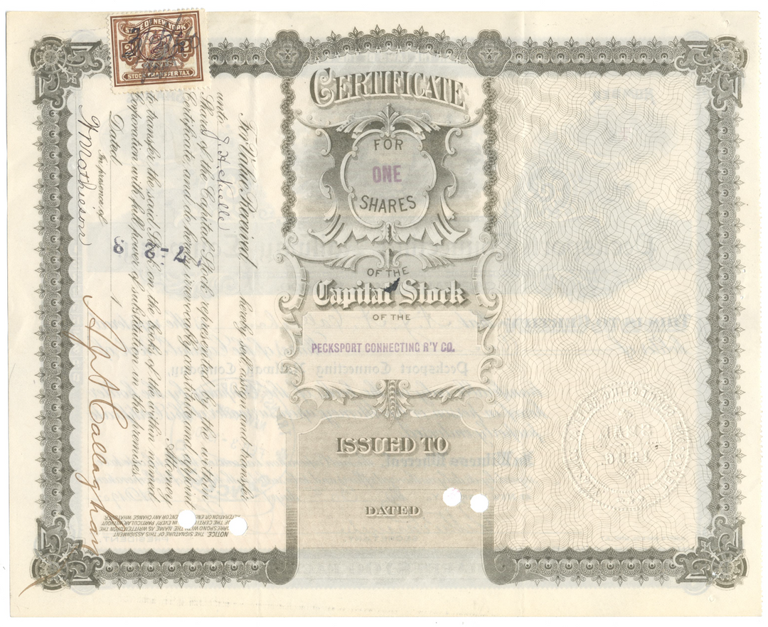 Pecksport Connecting Railway Company Stock Certificate