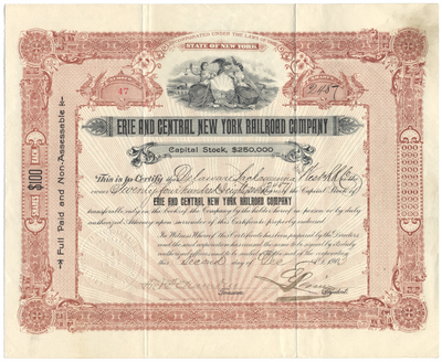 Erie and Central New York Railroad Company Stock Certificate