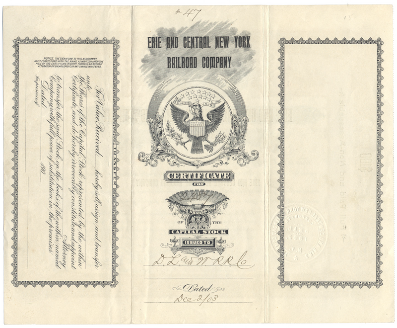 Erie and Central New York Railroad Company Stock Certificate