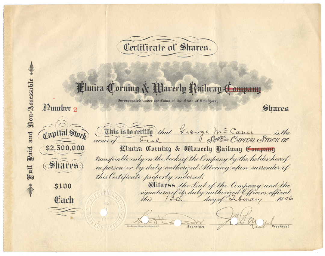 Elmira, Corning & Waverly Railway Stock Certificate