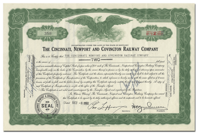 Cincinnati, Newport and Covington Railway Company Stock Certificate