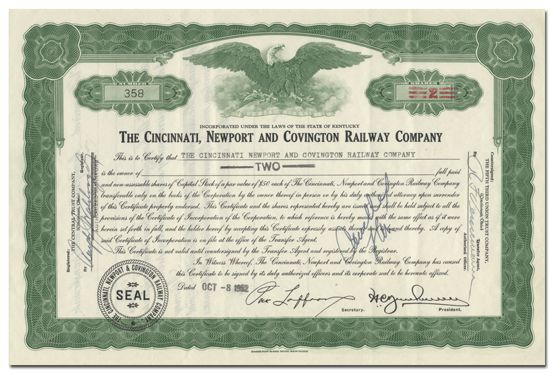 Cincinnati, Newport and Covington Railway Company Stock Certificate