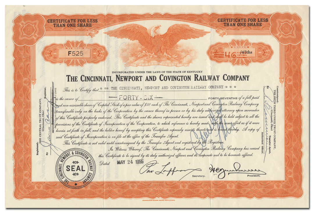 Cincinnati, Newport and Covington Railway Company Stock Certificate