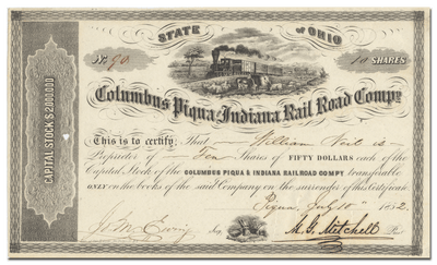Columbus Piqua & Indiana Rail Road Company Stock Certificate