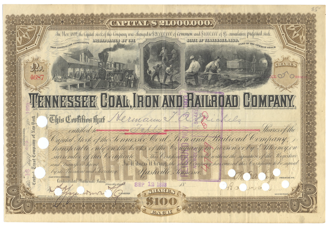 Tennessee Coal, Iron and Railroad Company Stock Certificate