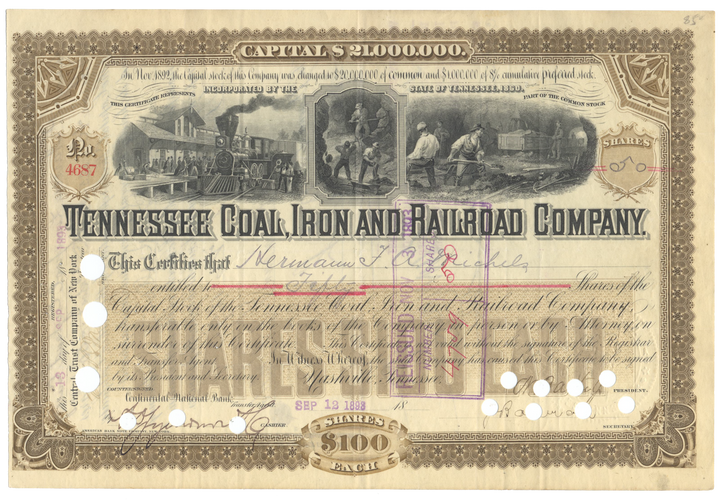 Tennessee Coal, Iron and Railroad Company Stock Certificate