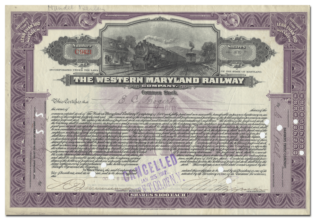 Western Maryland Railway Company Stock Certificate