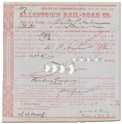 Allentown Rail-Road Company Stock Certificate