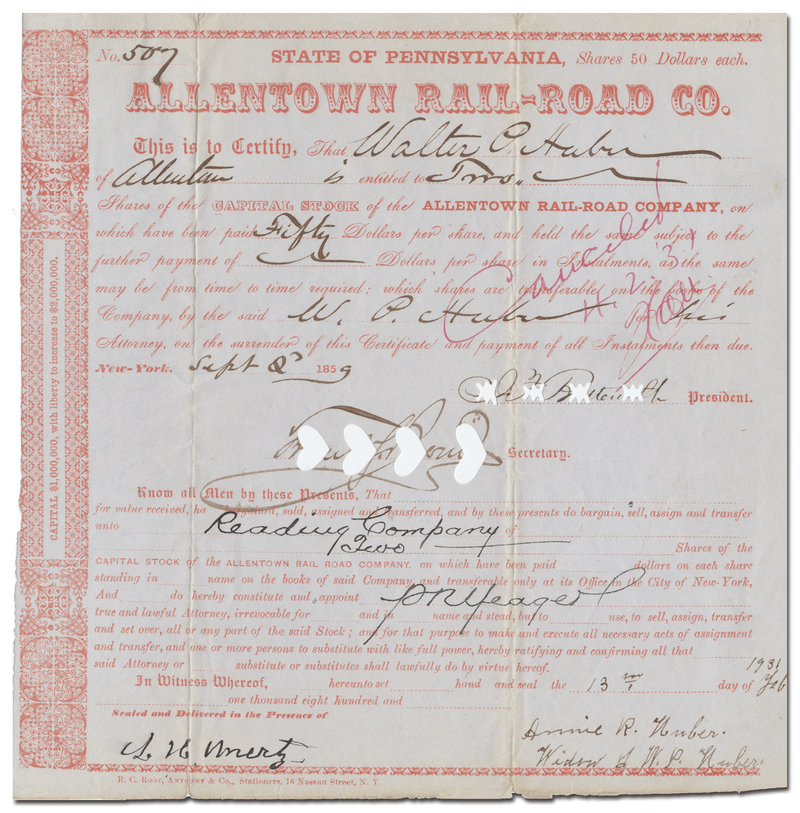 Allentown Rail-Road Company Stock Certificate