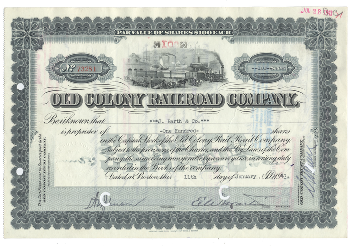 Old Colony Railroad Company Stock Certificate