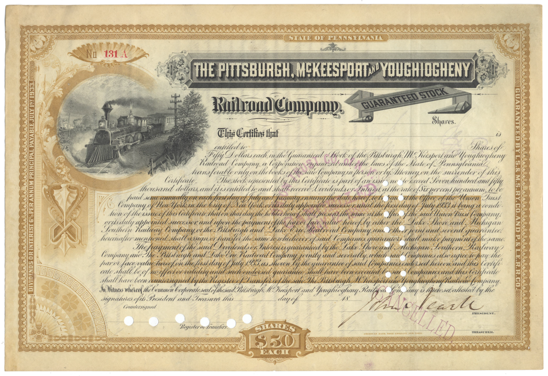 Pittsburgh, McKeesport and Youghiogheny Railroad Company Stock Certificate