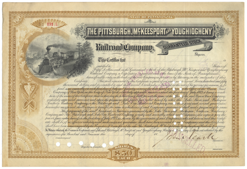 Pittsburgh, McKeesport and Youghiogheny Railroad Company Stock Certificate