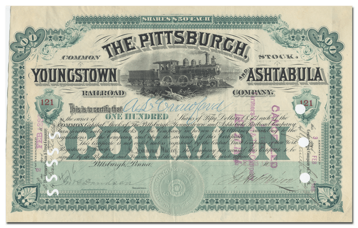 Pittsburgh, Youngstown and Ashtabula Railroad Company Stock Certificate