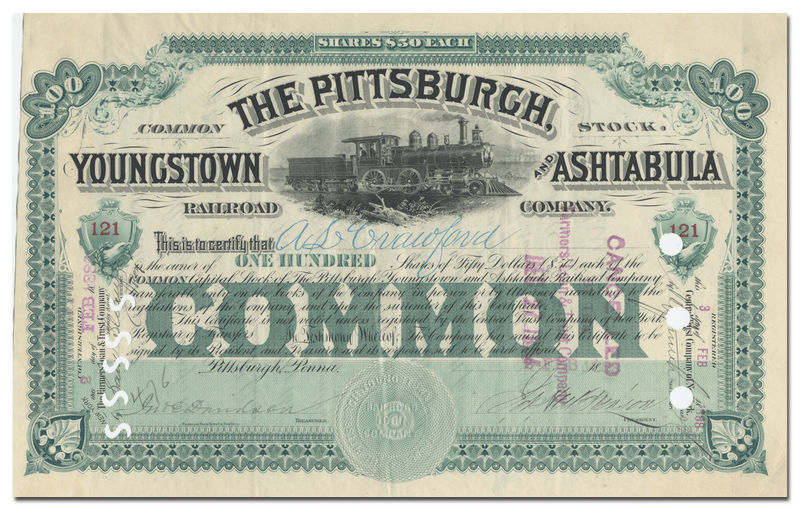 Pittsburgh, Youngstown and Ashtabula Railroad Company Stock Certificate