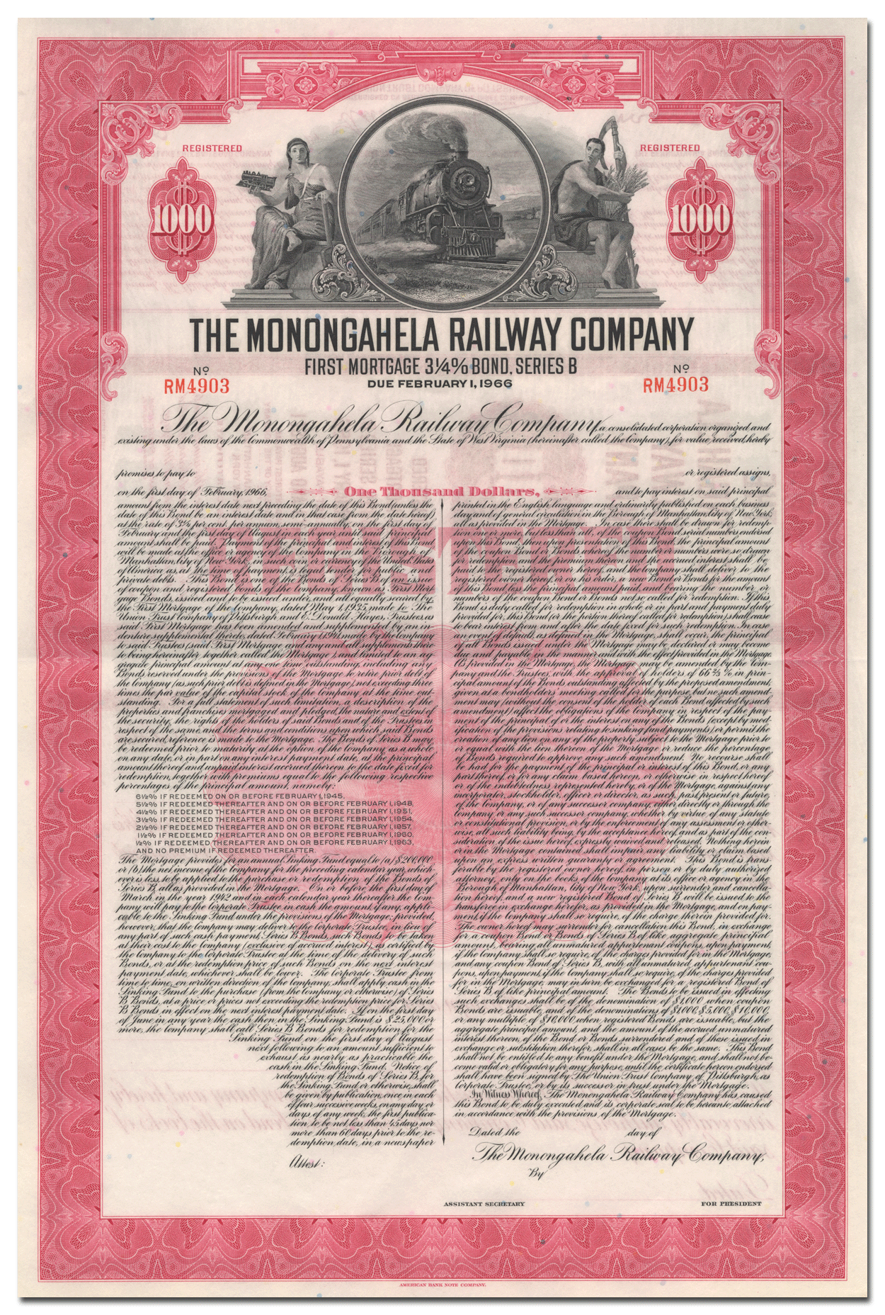 Monongahela Railway Company Bond Certificate