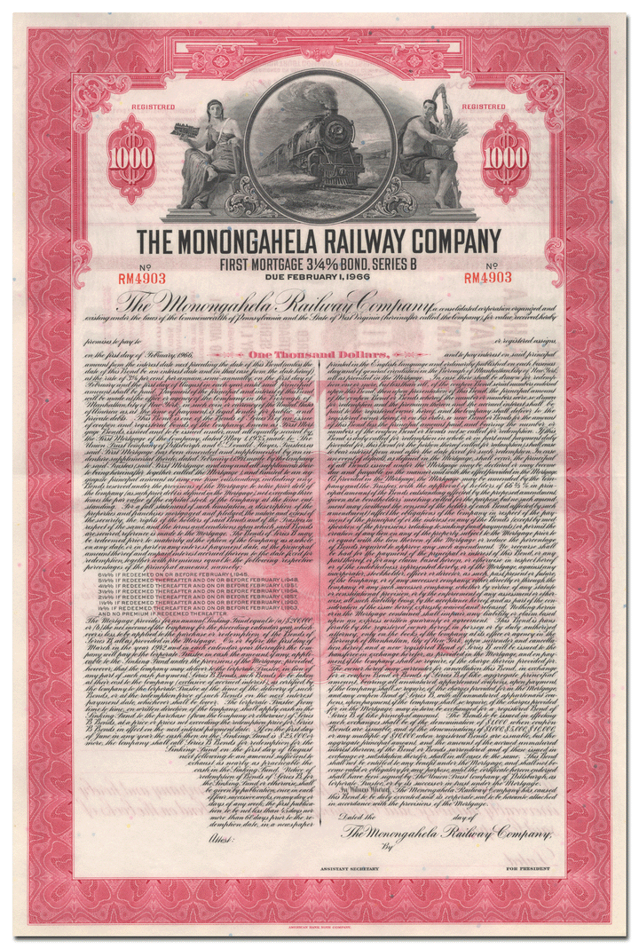 Monongahela Railway Company Bond Certificate