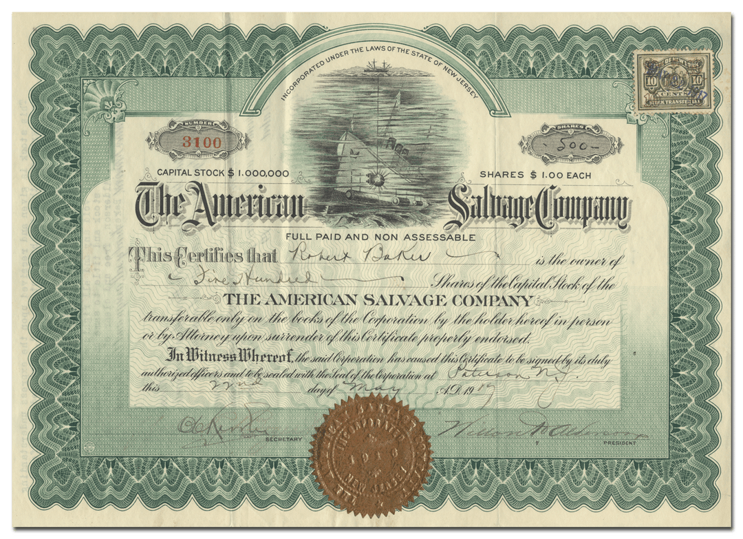 American Salvage Company Stock Certificate