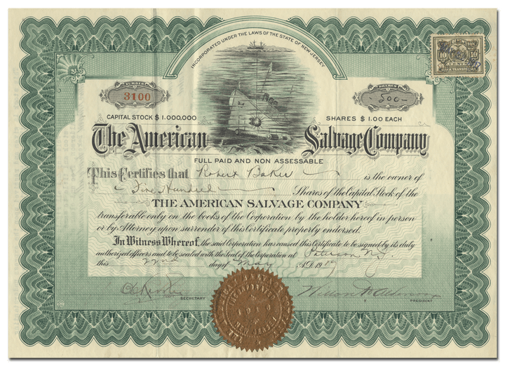 American Salvage Company Stock Certificate