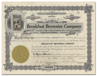 Breakfast Brownies Company Stock Certificate