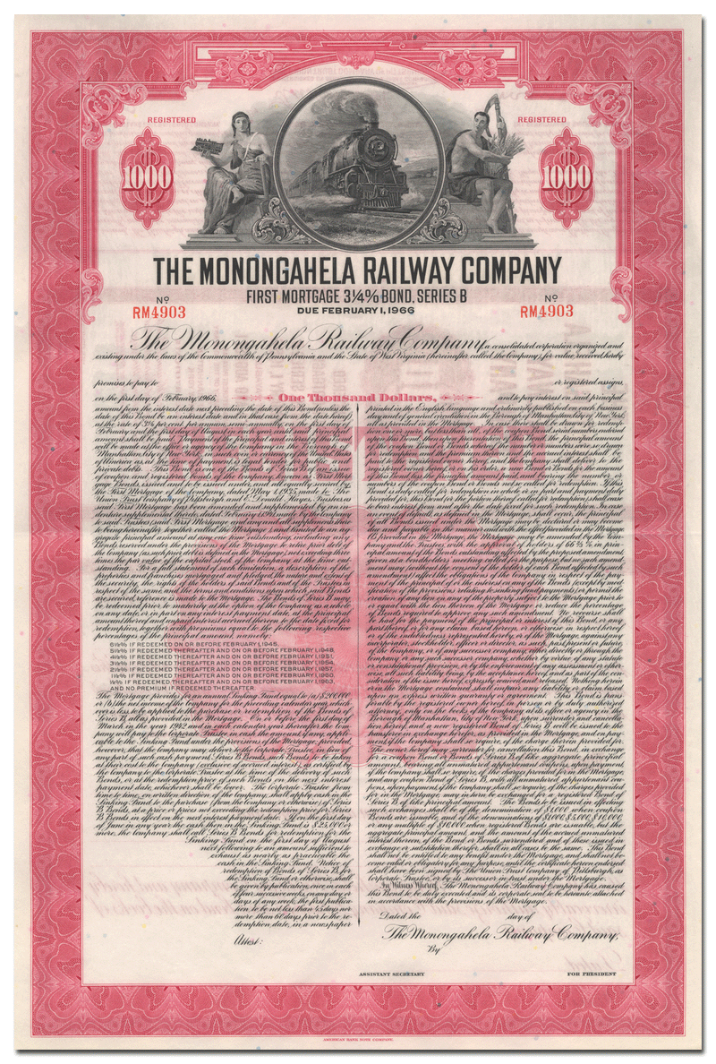 Monongahela Railway Company Bond Certificate