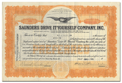 Saunders Drive It Yourself Company, Inc. Stock Certificate