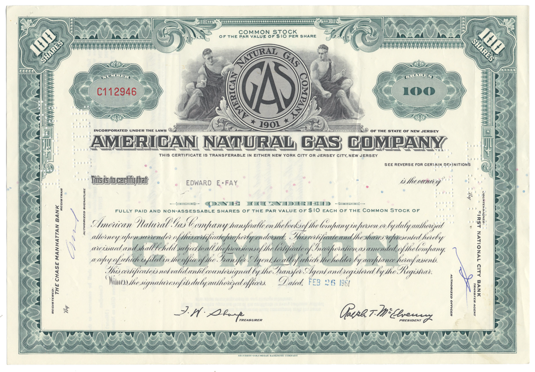 American Natural Gas Company Stock Certificate