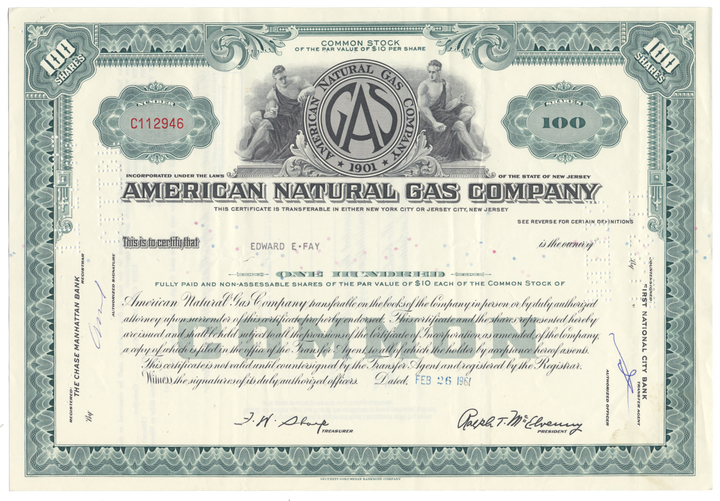 American Natural Gas Company Stock Certificate