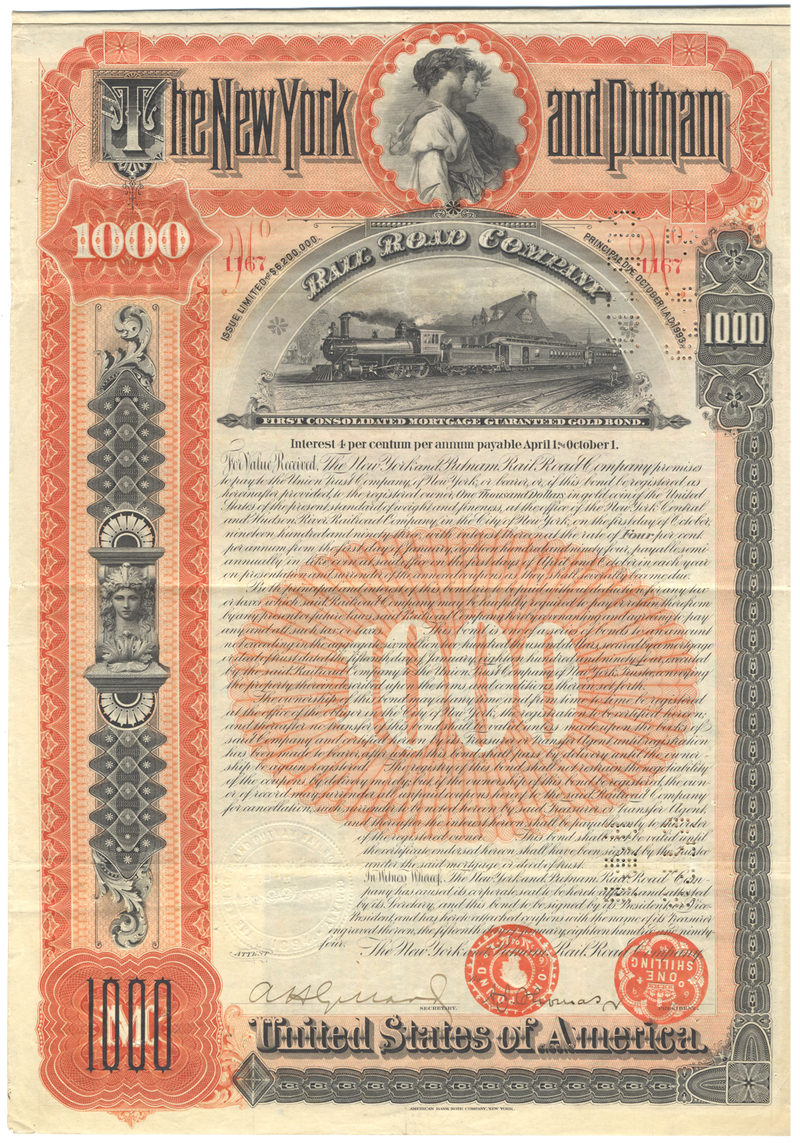 New York and Putnam Railroad Company Bond Certificate