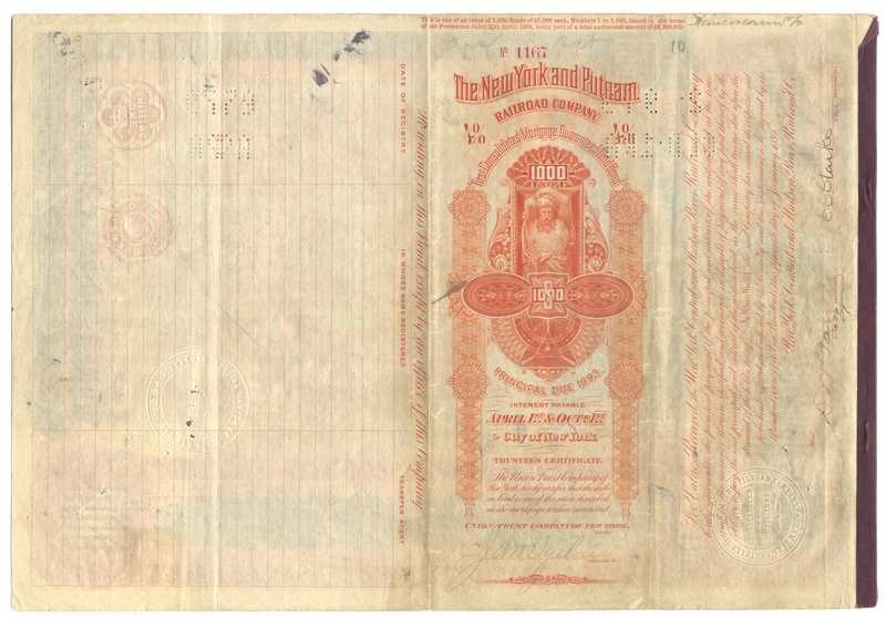 New York and Putnam Railroad Company Bond Certificate